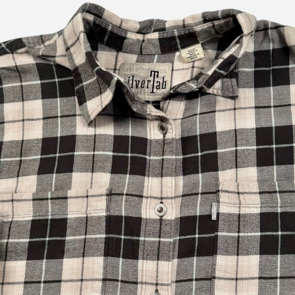 Levis SilverTab Flannel Shirt Womens XL Black White Plaid Button Down Relaxed
